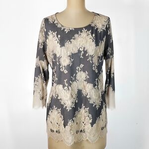 Linea Louis Dell'Olio Size L/14 Tunic Blouse Top Grey Beige Lace Inlay Eyelash